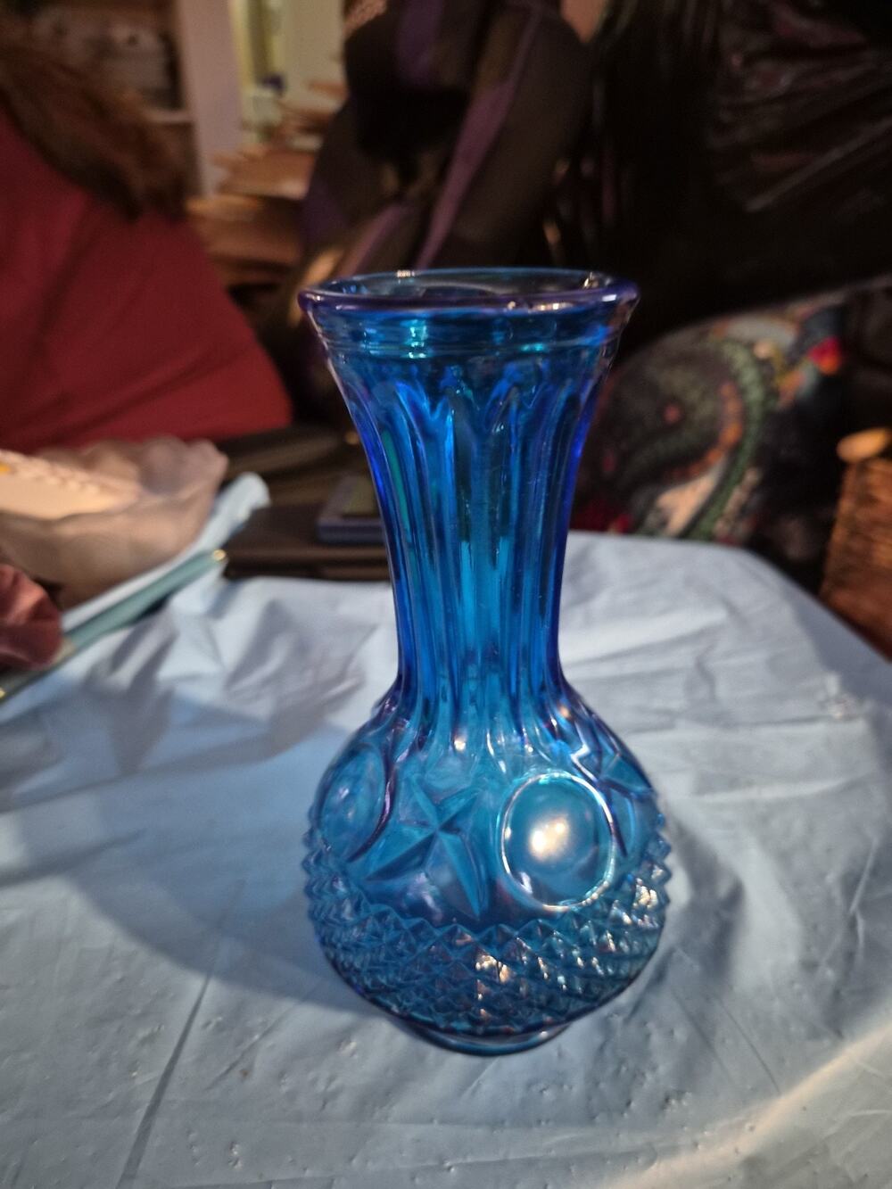 Vintage Rossini Blue Glass Vase With A Textured Diamond Point And A Fluted Neck